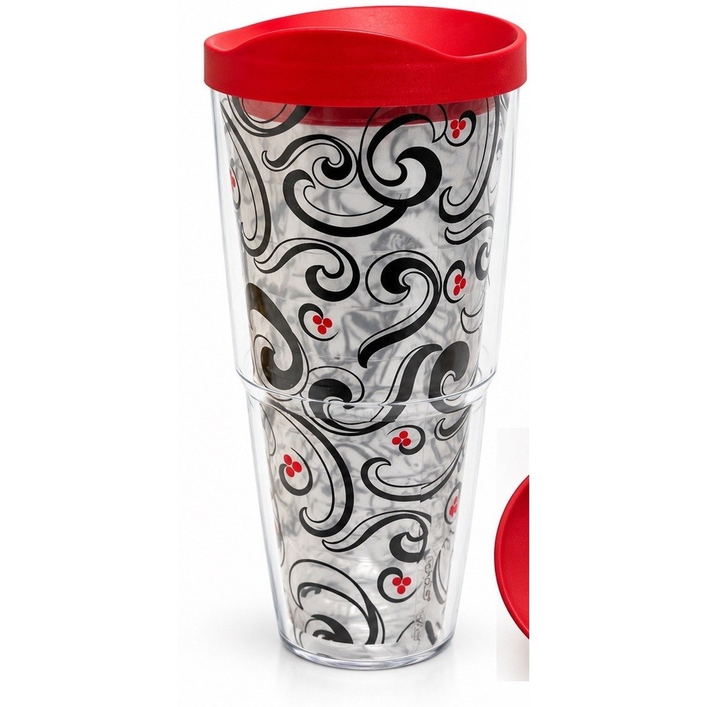 Tervis 24 Oz Tumbler Black Red Swirl Scroll Travel Cup Red Lid Made in USA